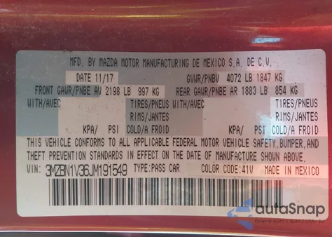 2018 Mazda Mazda3 Touring z USA, uszkodzony, nr VIN 3MZBN1V36JM191549